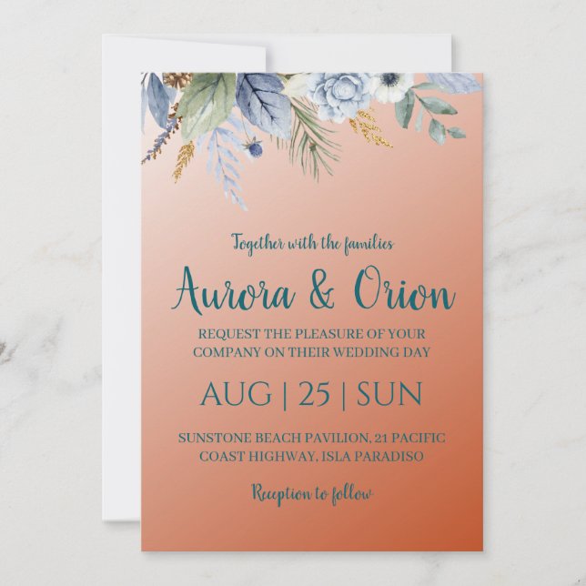 invitaciones de boda de terracota y azul polvorien (Anverso)