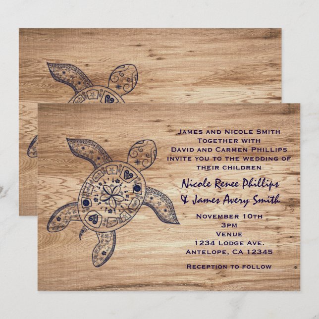 Invitaciones de boda de tortuga hawaiana y madera  (Anverso / Reverso)