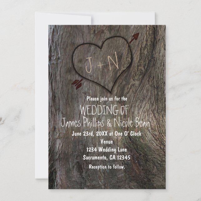 Invitaciones de boda de tronco de árbol + corazón  (Anverso)