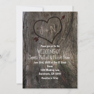 Invitaciones de boda de tronco de árbol + corazón 