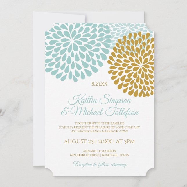 Invitaciones de boda de turquesa claro y dorado (Anverso)