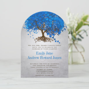 Invitaciones de boda del árbol de hoja corazón azu