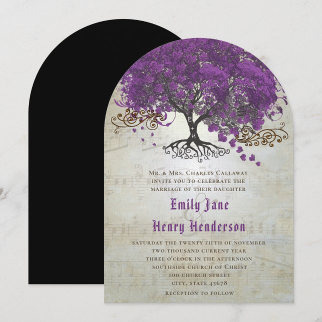 Invitaciones de boda del árbol de hoja de corazón  (Anverso / Reverso)