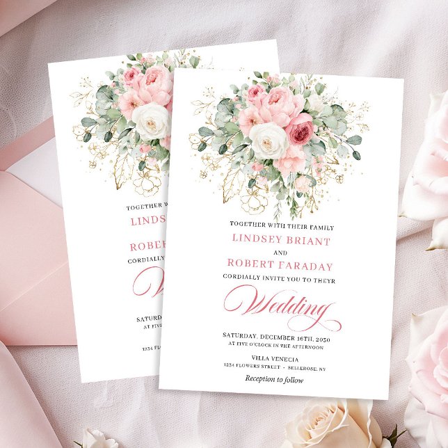 Invitaciones de boda doradas con peonías y vegetac (Boho Blush Peonies Greenery Gold Wedding Invitation

)