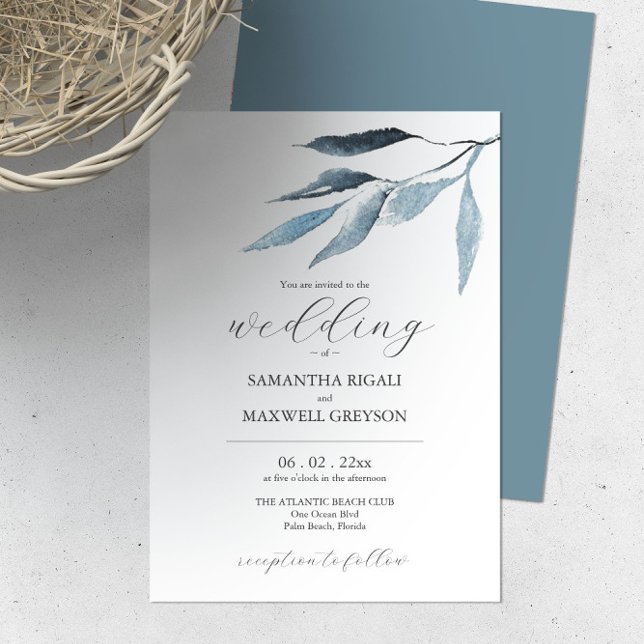 Invitaciones de boda Dusty Blue Botanicals (Dusty blue wedding invitation botanical watercolor leaves by Victoria Grigaliunas of Do Tell A Belle)