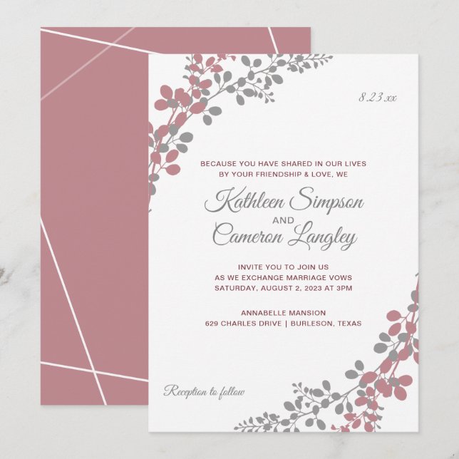 Invitaciones de Boda Dusty Rose Baby's Breath (Anverso / Reverso)