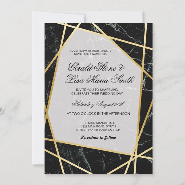 Invitaciones de boda elegante oro de mármol negro (Anverso)