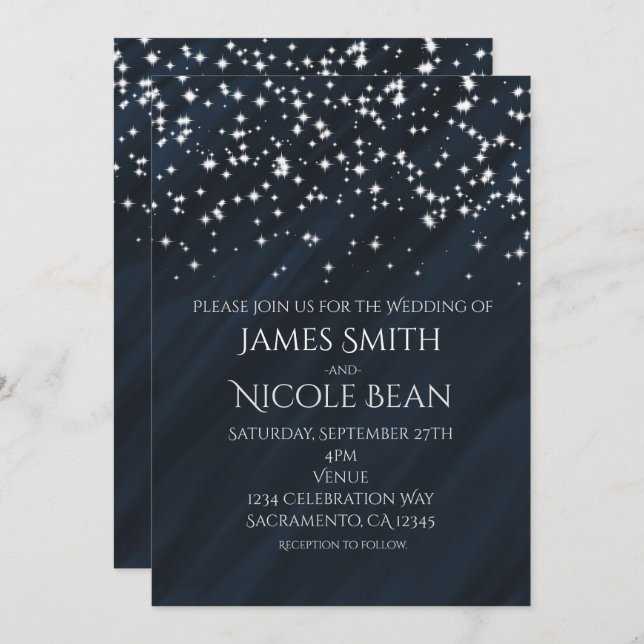Invitaciones de boda elegantes Blue & Sparkle Star (Anverso / Reverso)