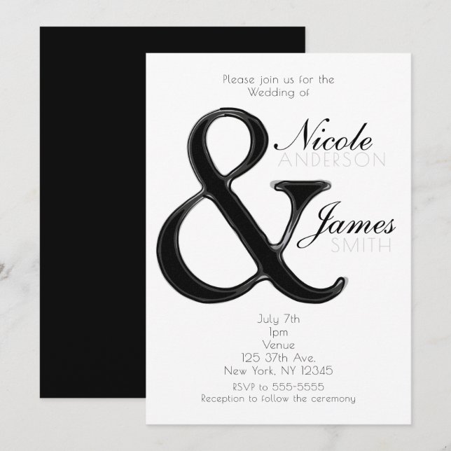 Invitaciones de boda elegantes con ampersand en bl (Anverso / Reverso)