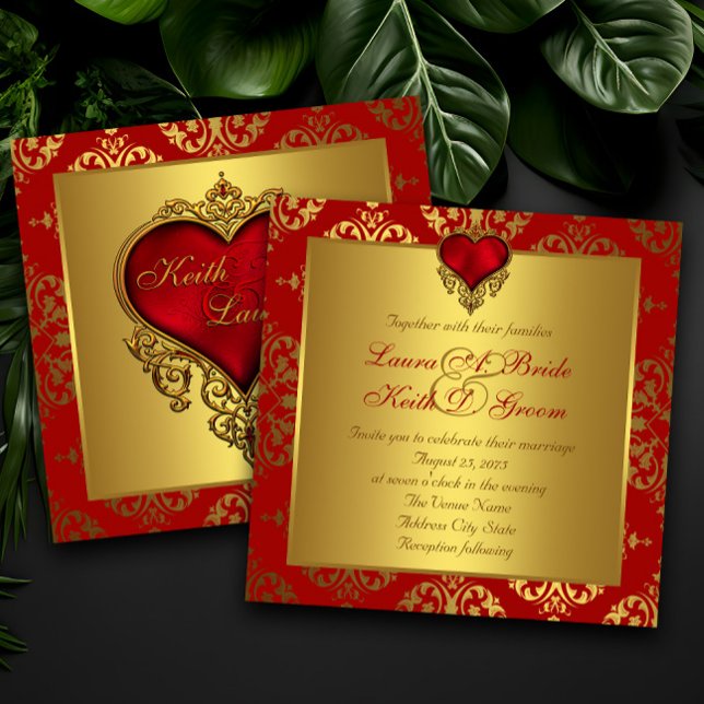 Invitaciones de boda elegantes con corazón de rojo (Beautiful red and gold heart wedding and any occasion invitation. Simply add your event details.)