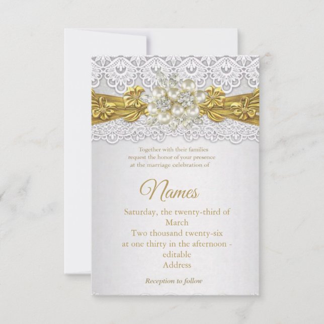 Invitaciones de boda elegantes con encaje dorado y (Anverso)
