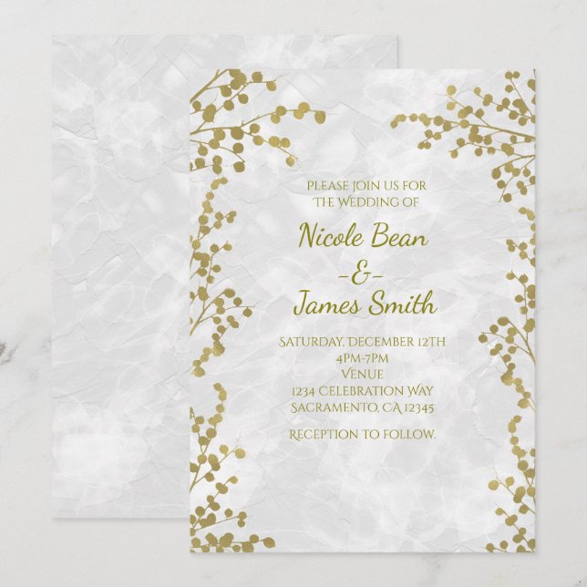 Invitaciones de boda elegantes con flores doradas  (Anverso / Reverso)
