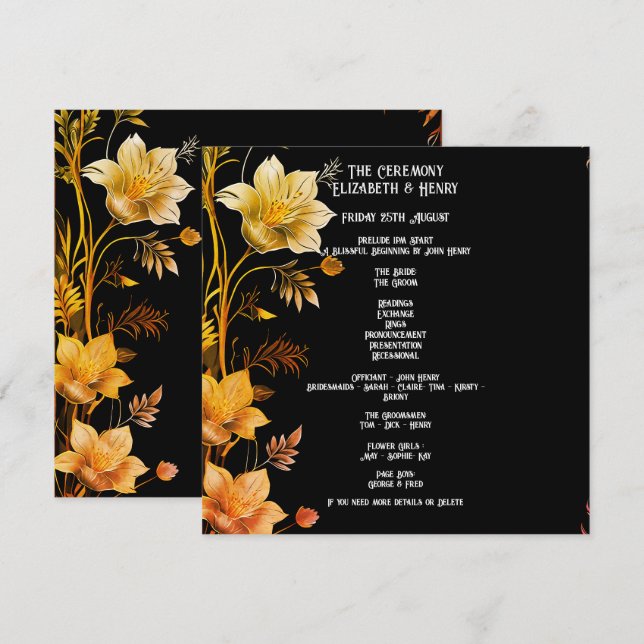 Invitaciones de boda elegantes con flores negras y (Anverso / Reverso)
