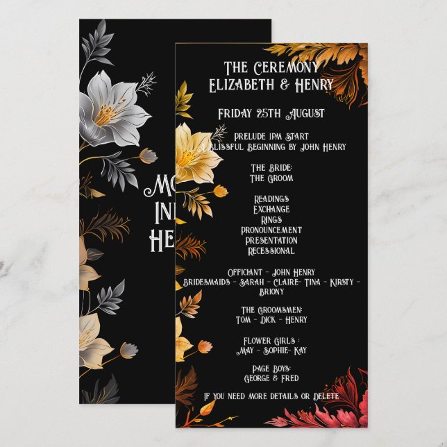 Invitaciones de boda elegantes con flores negras y (Anverso / Reverso)