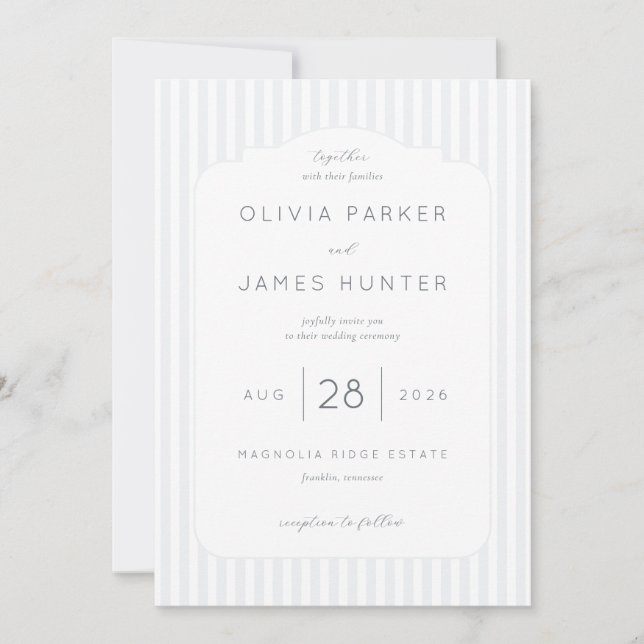 Invitaciones de boda elegantes con rayas grises (Anverso)