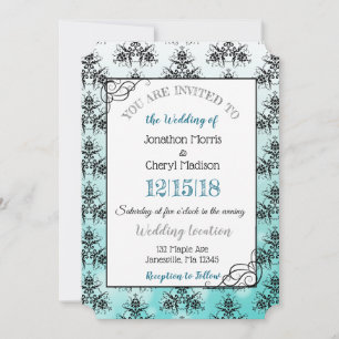 invitaciones de boda elegantes de damasco azul ver
