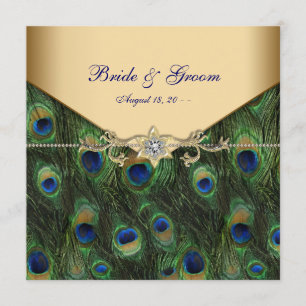 Invitaciones de boda elegantes de pavo real de oro