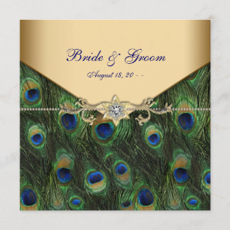 Invitaciones de boda elegantes de pavo real de oro