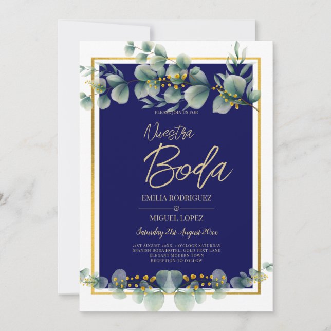 Invitaciones De Boda Elegantes Marina Oro Azul (Anverso)