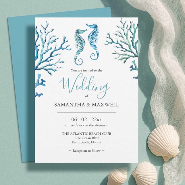 Invitaciones de boda en la playa con caballitos de (Beach wedding invitations unique watercolor seahorse art by Victoria Grigaliunas Do Tell A Belle)
