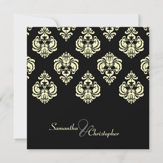 Invitaciones de boda en negro/Damasco de Crema (Anverso)