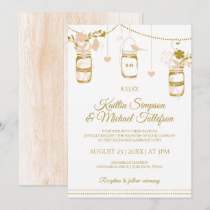 Invitaciones de boda en tarro de Mason de oro y me