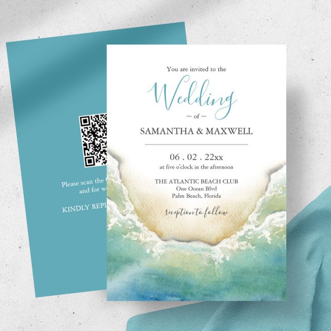 Invitaciones De Boda En Un Destino Único De Presup (Beach wedding invitations with QR code features watercolor shoreline art by Victoria Grigaliunas)