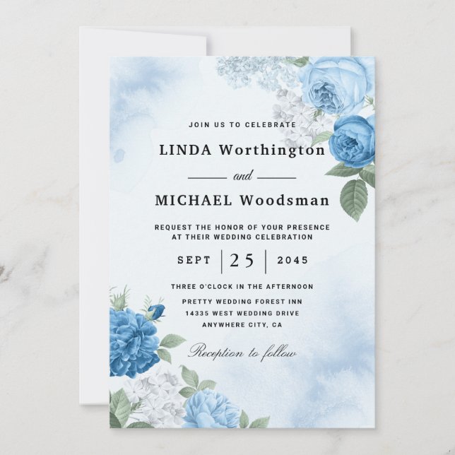 invitaciones de boda floral azul acuarela (Anverso)