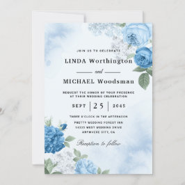 invitaciones de boda floral azul acuarela