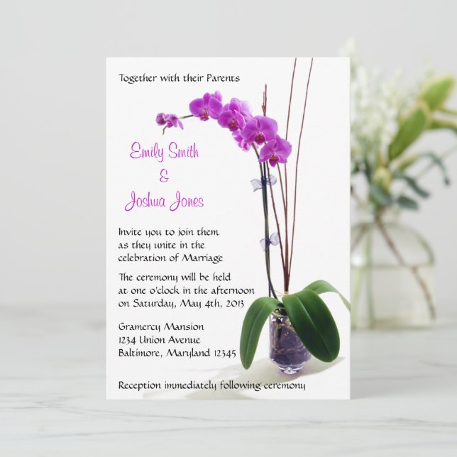 Invitaciones de boda floral con orquídeas rosadas  (Anverso de pie)