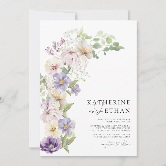 Invitaciones de Boda Floral de la Primavera Púrpur (Anverso)