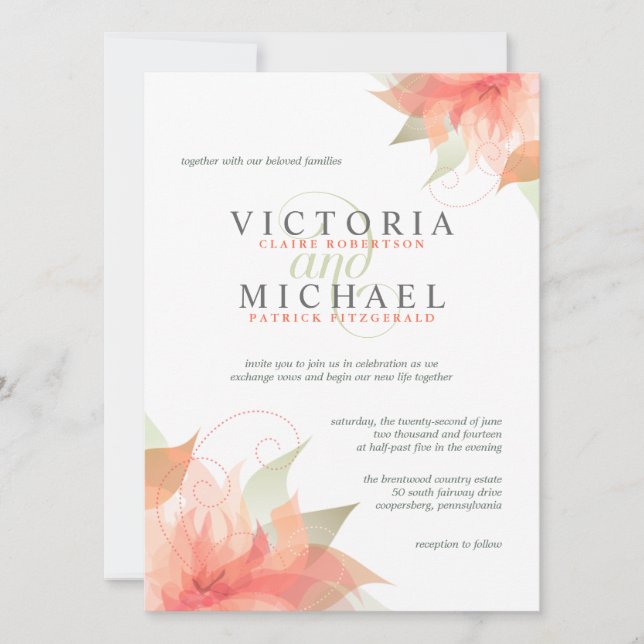 Invitaciones de boda floral de naranja Peach (Anverso)
