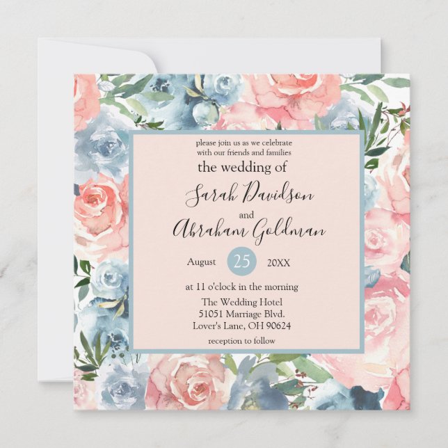 Invitaciones de Boda - Floral Eucalipto Azul Rosa (Anverso)