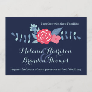 Invitaciones de boda floral rosa y naval con RSVP