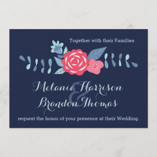 Invitaciones de boda floral rosa y naval con RSVP