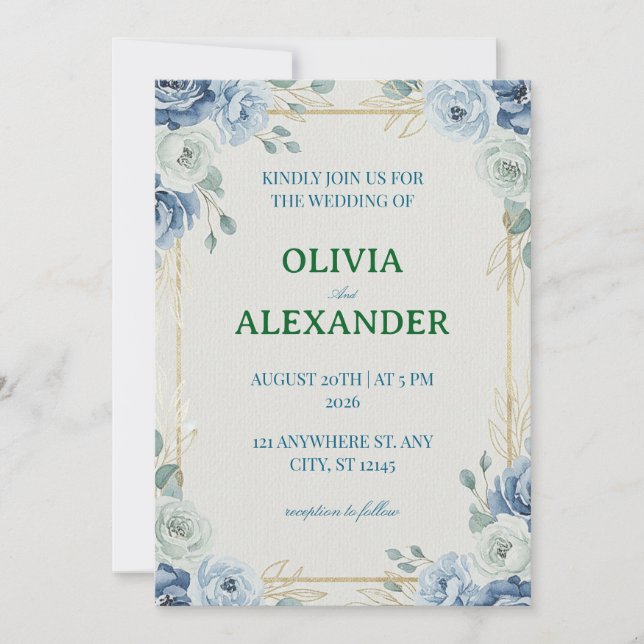 Invitaciones de Boda Florales Azul Elegante (Anverso)