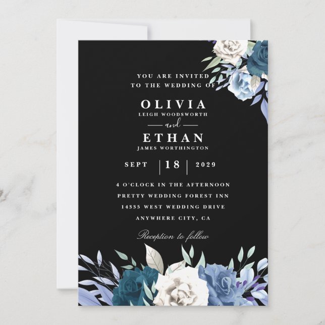 invitaciones de boda florales blancas y azules en  (Anverso)