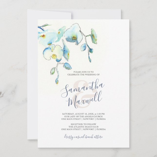 Invitaciones de boda florales con acuarela azul (Anverso)