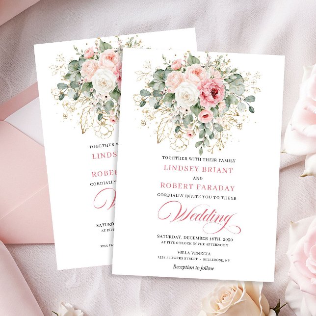Invitaciones de Boda Florales de Oro Clásicas con  (Classic Blush Peonies Gold Floral Wedding Invitation)