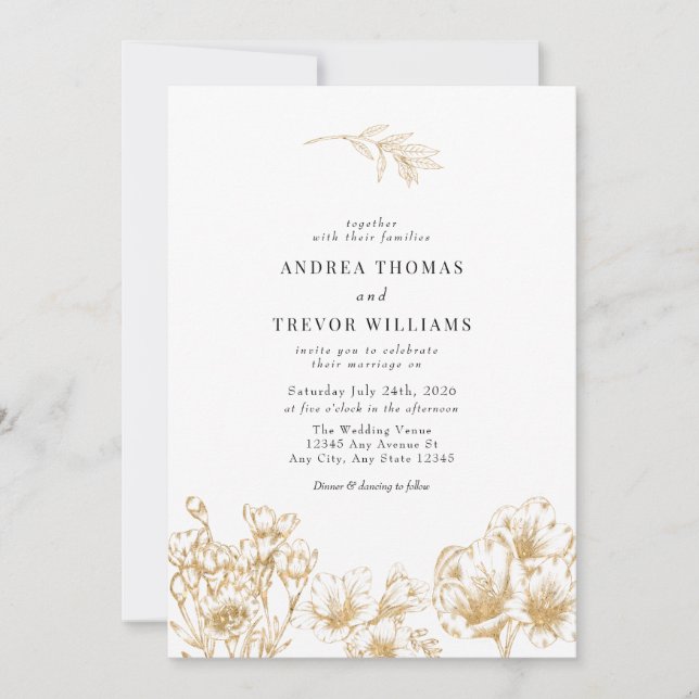 Invitaciones de boda florales doradas (Anverso)