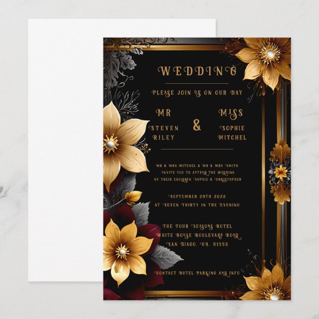 Invitaciones de Boda Florales Elegantes de Oro y P (Anverso / Reverso)