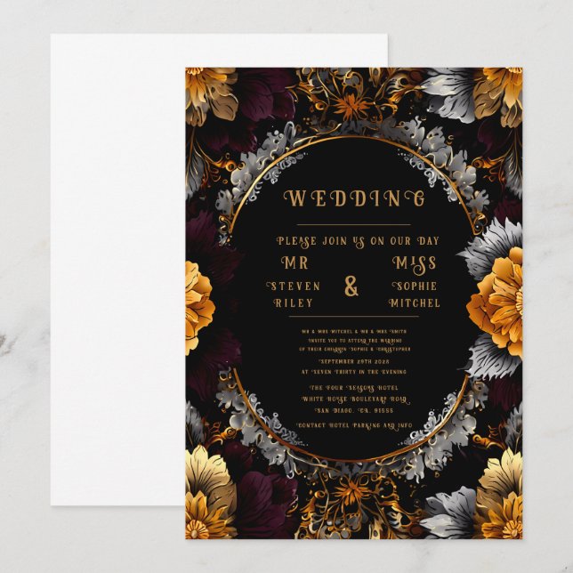 Invitaciones de boda florales elegantes de oro y p (Anverso / Reverso)