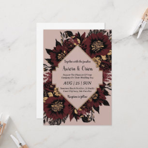 invitaciones de boda florales en negro y oro burde