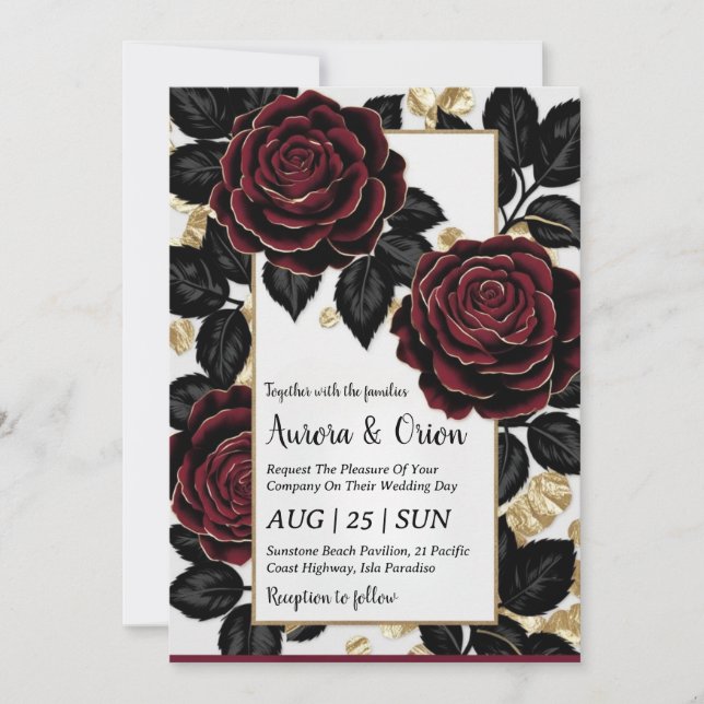 invitaciones de boda florales en negro y oro burde (Anverso)