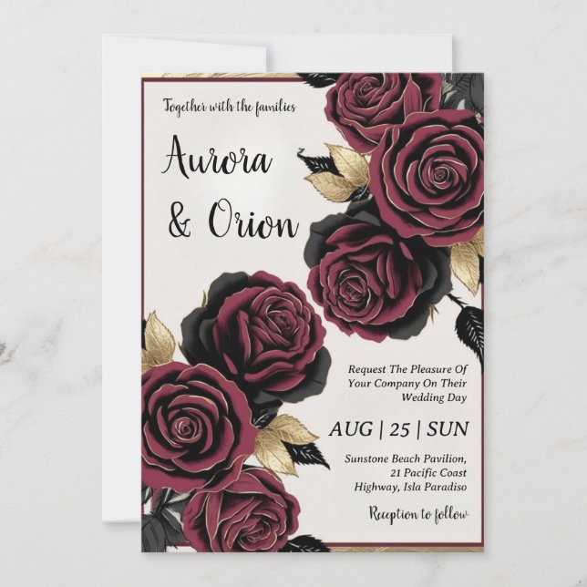 invitaciones de boda florales en negro y oro burde (Anverso)