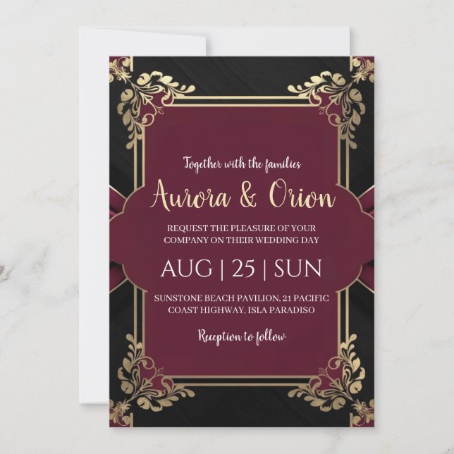 invitaciones de boda florales en negro y oro burde (Anverso)