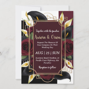 invitaciones de boda florales en negro y oro burde