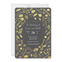 Invitaciones de boda florales grises y doradas al