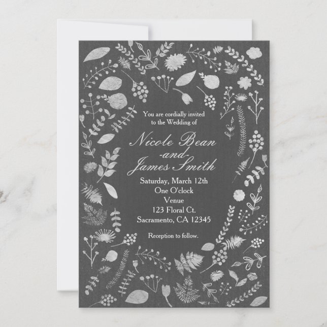Invitaciones de boda florales grises y plateadas d (Anverso)