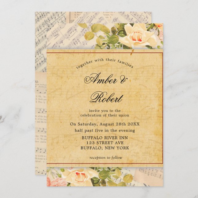 Invitaciones de boda florales musicales vintage (Anverso / Reverso)